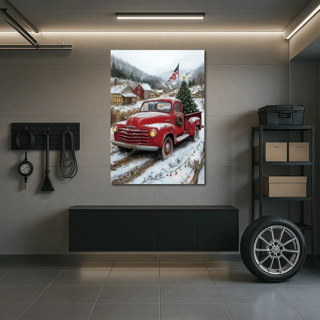 Red Chevrolet Truck Christmas Tree Snowy Village – Wall Art