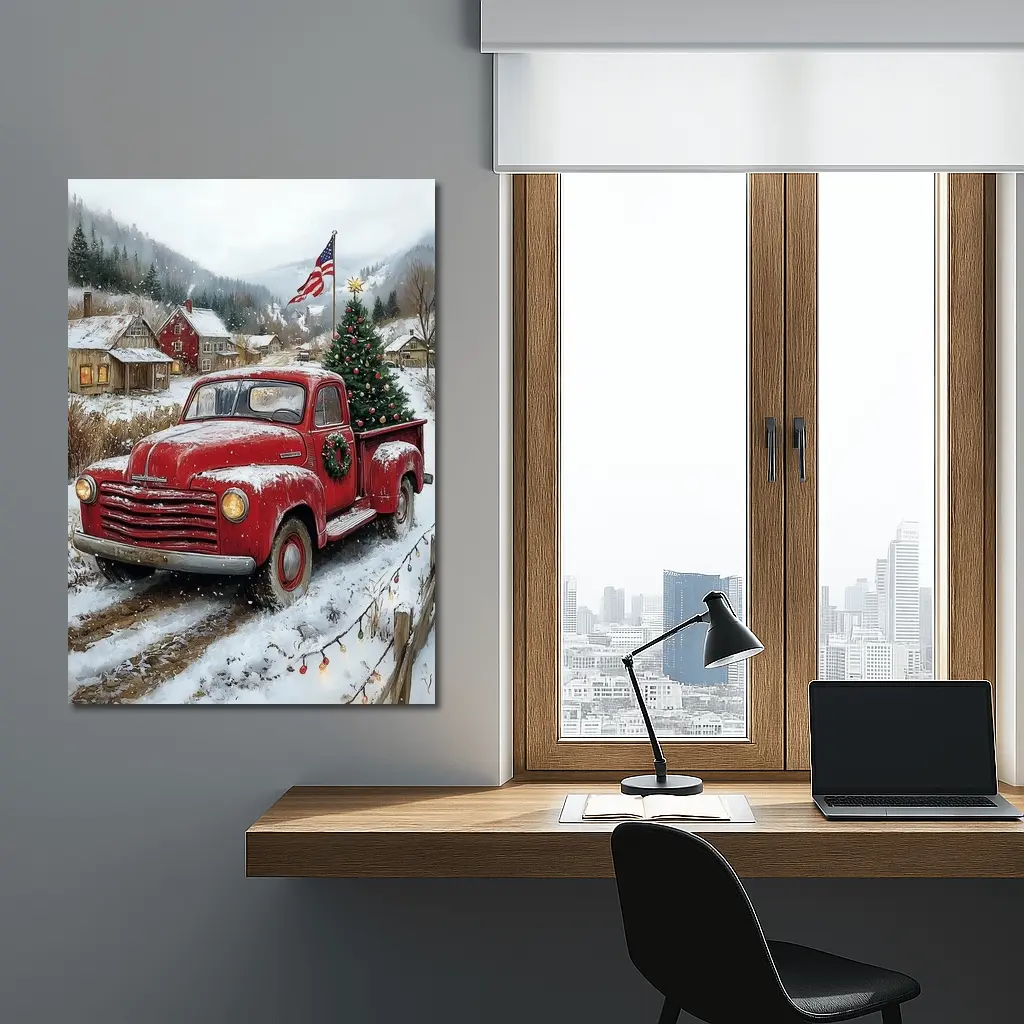 Red Chevrolet Truck Christmas Tree Snowy Village – Wall Art