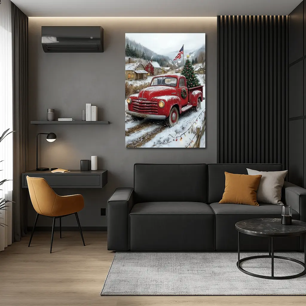 Red Chevrolet Truck Christmas Tree Snowy Village – Wall Art