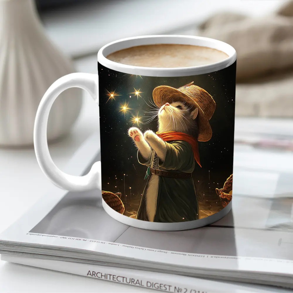 Wizard Cat Glowing Stars Fantasy Night – Mugs