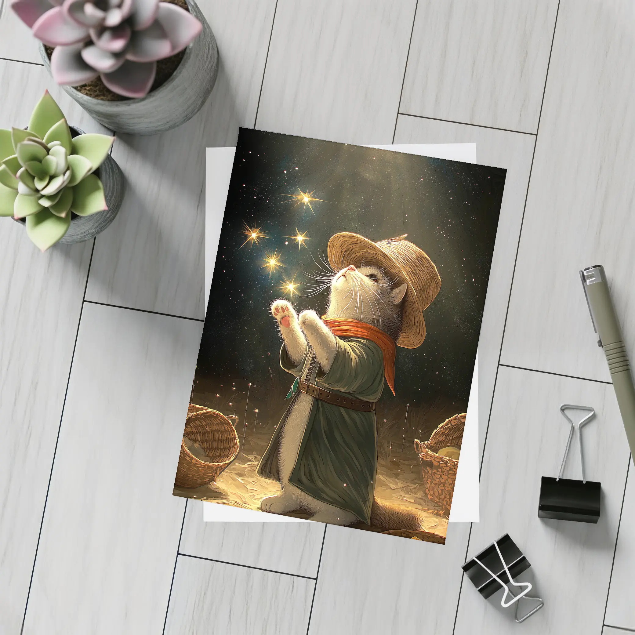 Wizard Cat Glowing Stars Fantasy Night – Postcards