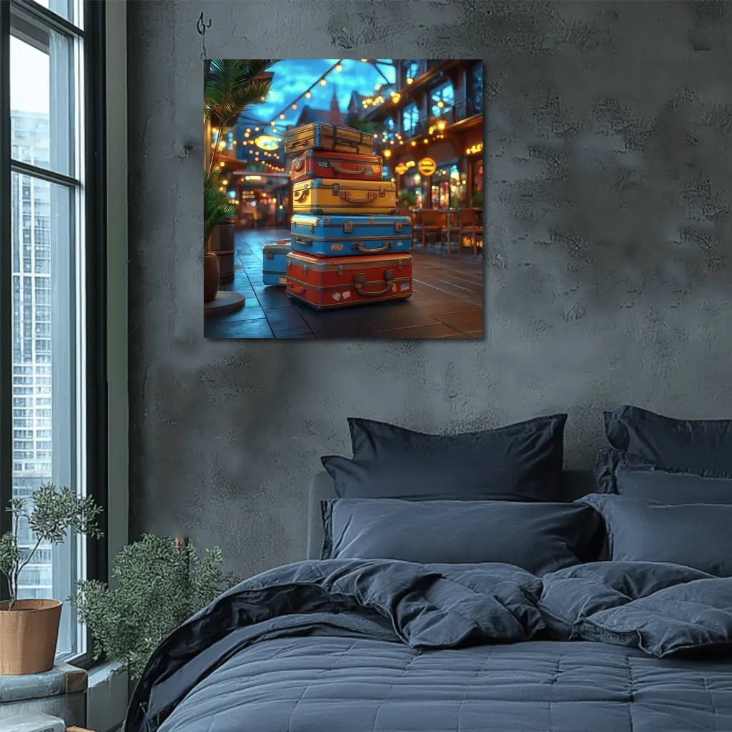 Colorful Retro Suitcases Stack Outdoor Market – Wall Art