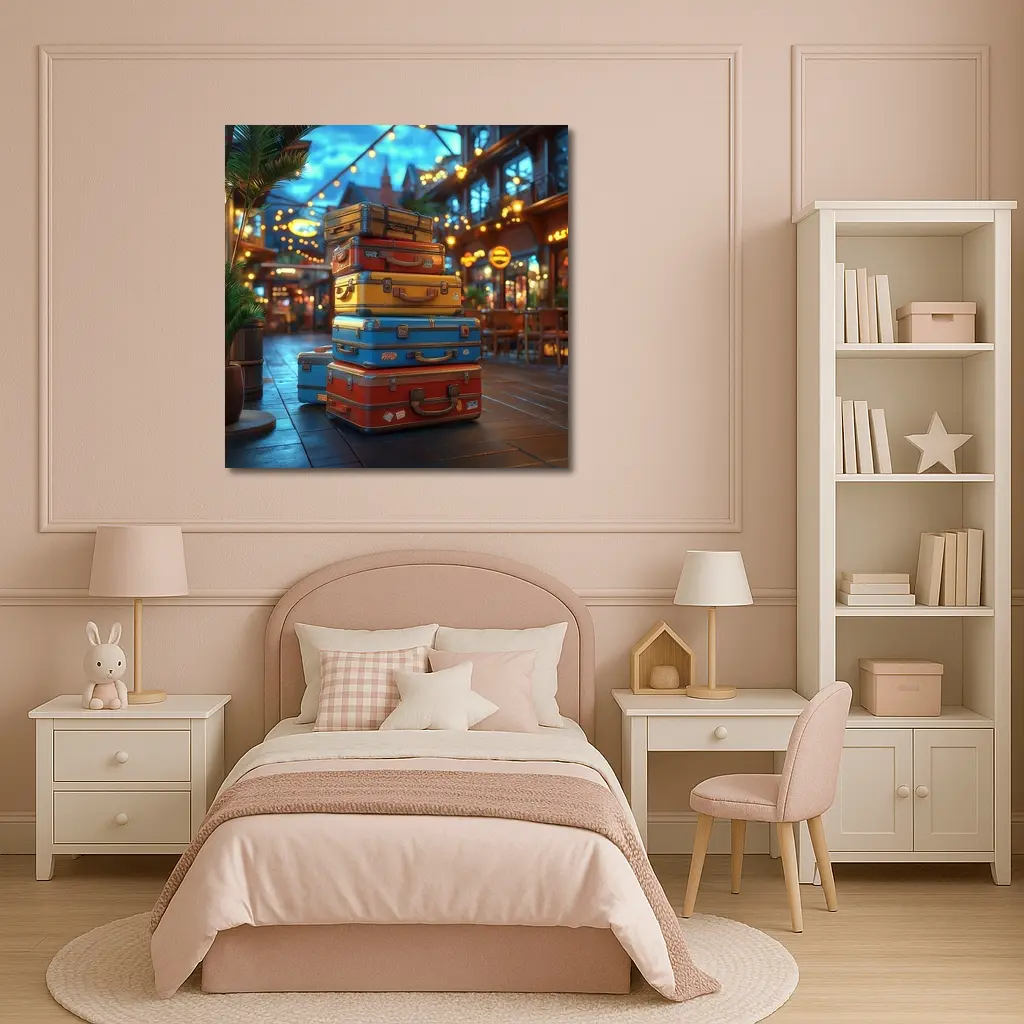 Colorful Retro Suitcases Stack Outdoor Market – Wall Art