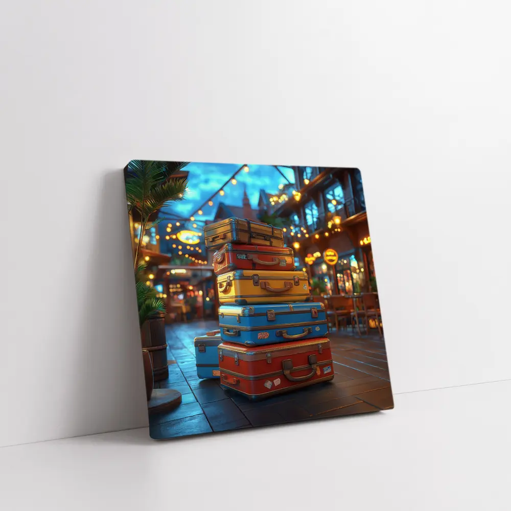 Colorful Retro Suitcases Stack Outdoor Market – Wall Art