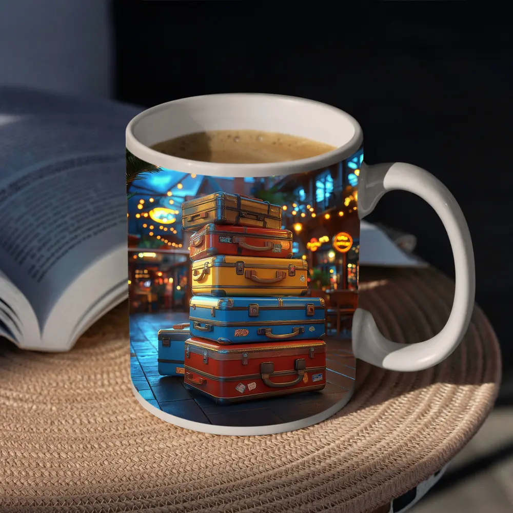 Colorful Retro Suitcases Stack Outdoor Market – Mugs