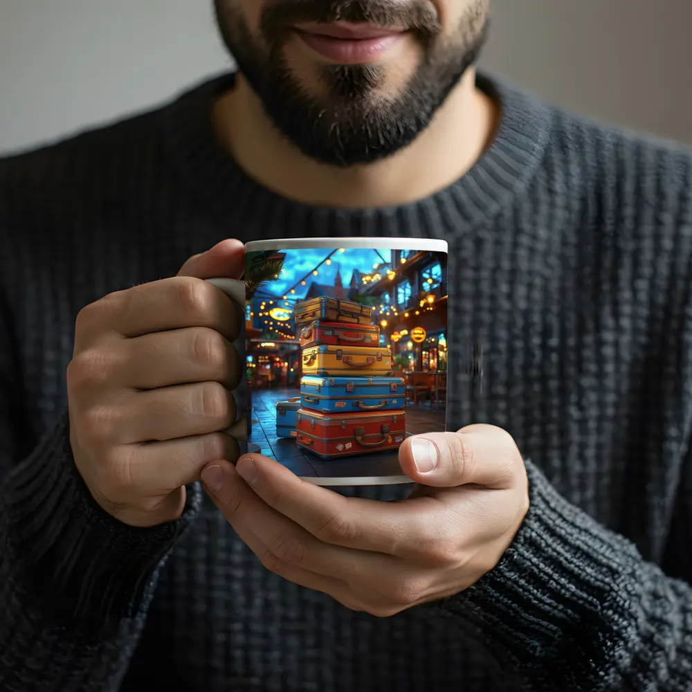 Colorful Retro Suitcases Stack Outdoor Market – Mugs