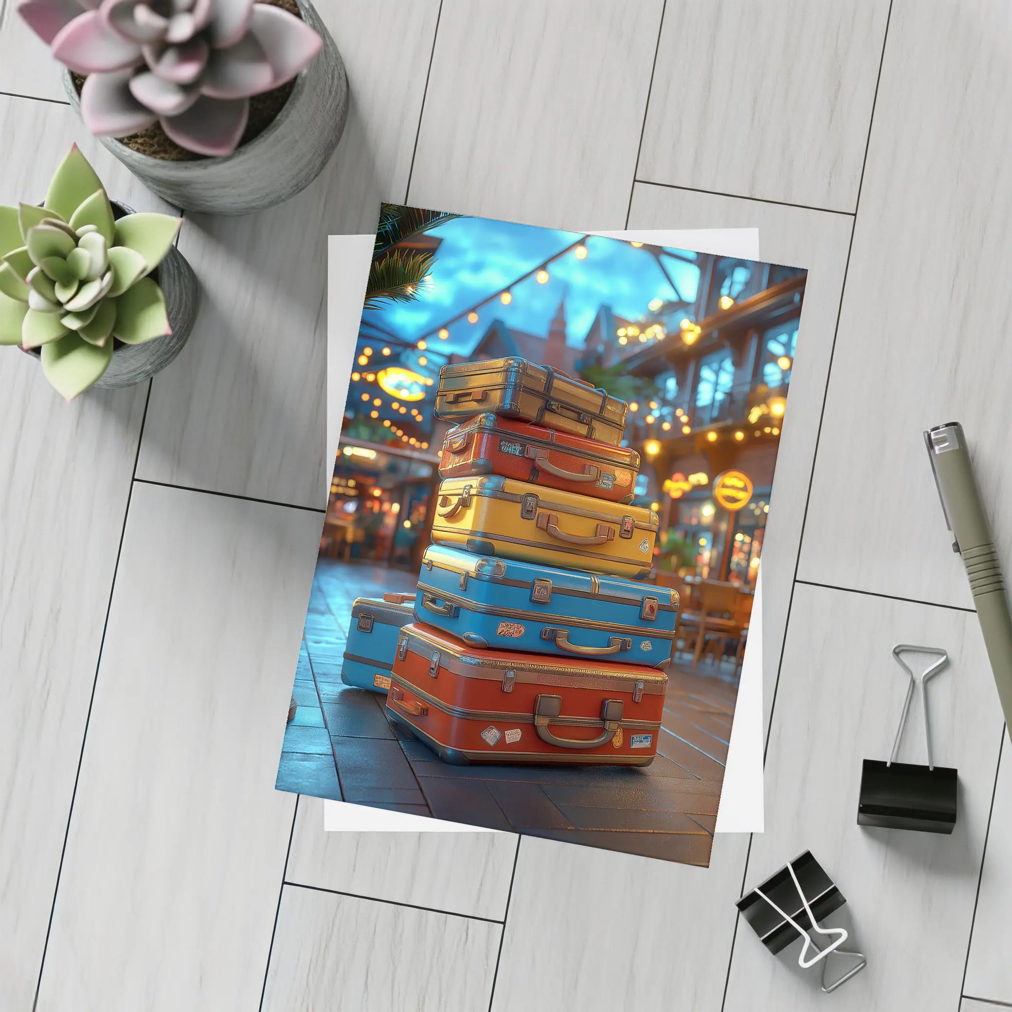 Colorful Retro Suitcases Stack Outdoor Market – Postcards