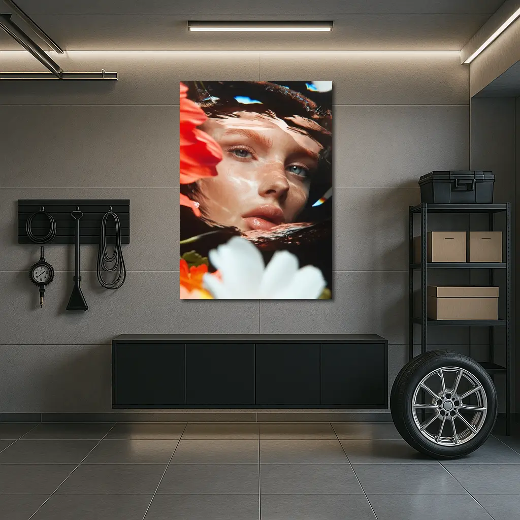 Woman Face Reflected Through Water With Flowers – Wall Art