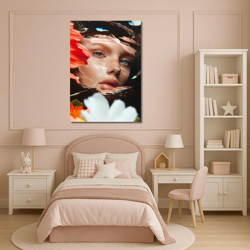 Woman Face Reflected Through Water With Flowers – Wall Art