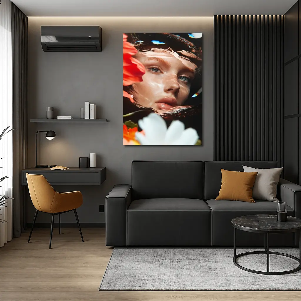 Woman Face Reflected Through Water With Flowers – Wall Art