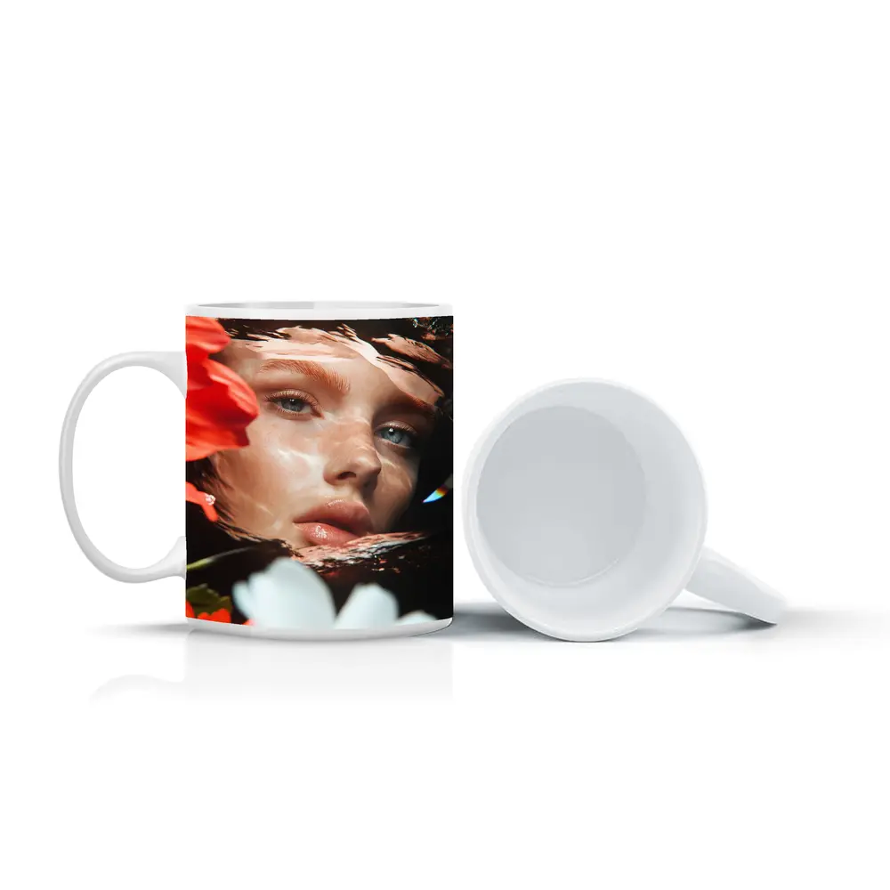 Woman Face Reflected Through Water With Flowers – Mugs