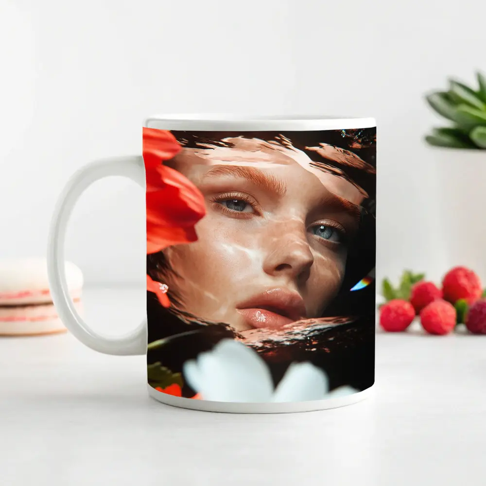 Woman Face Reflected Through Water With Flowers – Mugs