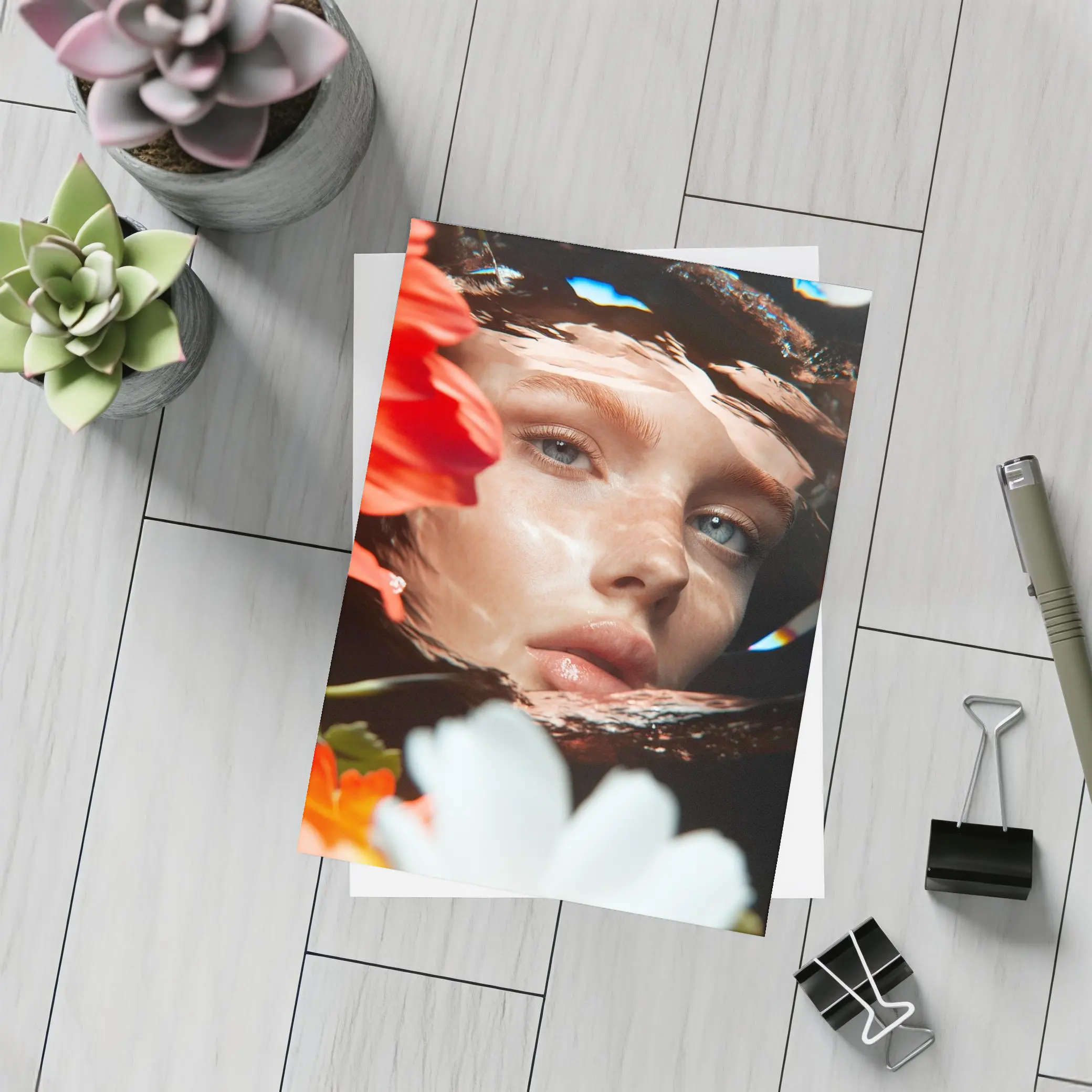 Woman Face Reflected Through Water With Flowers – Postcards