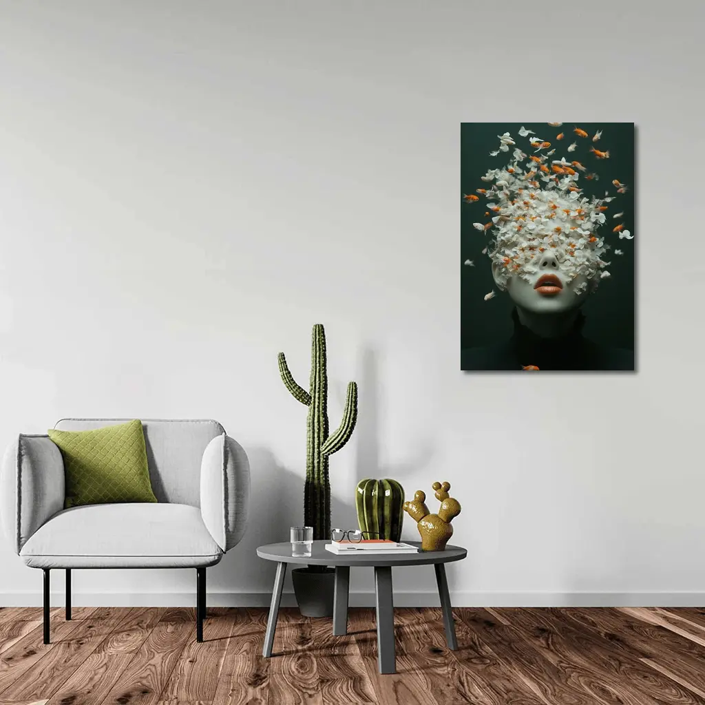 Woman Face Goldfish Flowers Surreal Dark Background – Wall Art