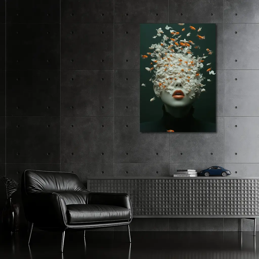 Woman Face Goldfish Flowers Surreal Dark Background – Wall Art