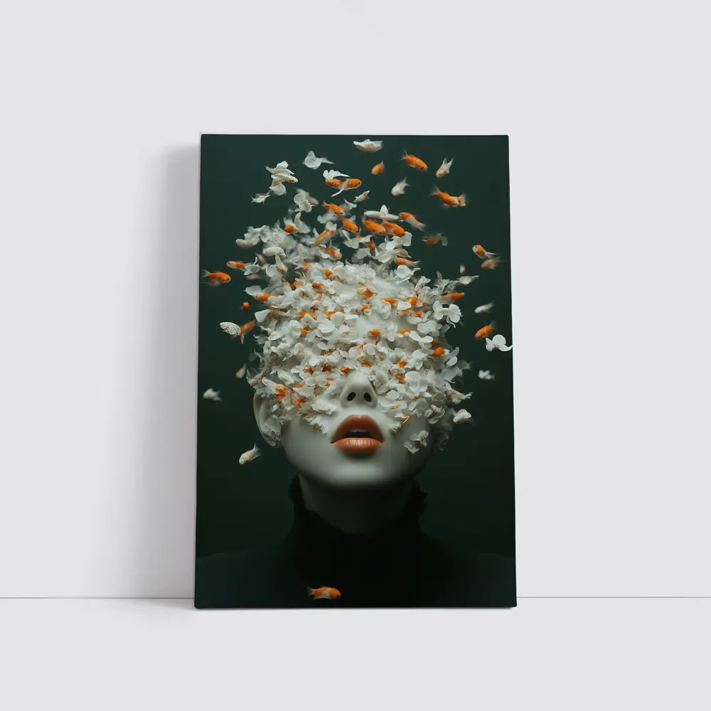 Woman Face Goldfish Flowers Surreal Dark Background – Wall Art