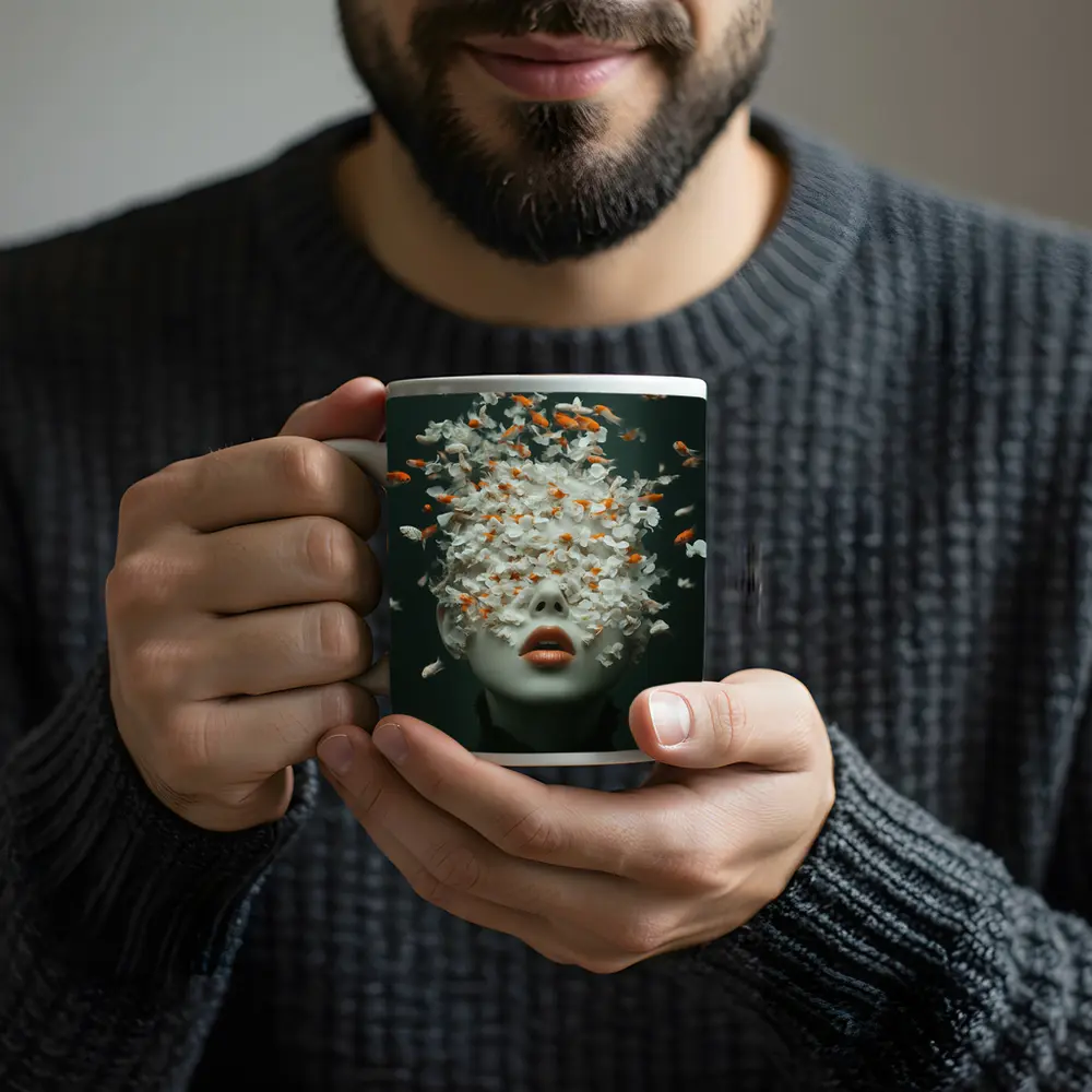 Woman Face Goldfish Flowers Surreal Dark Background – Mugs