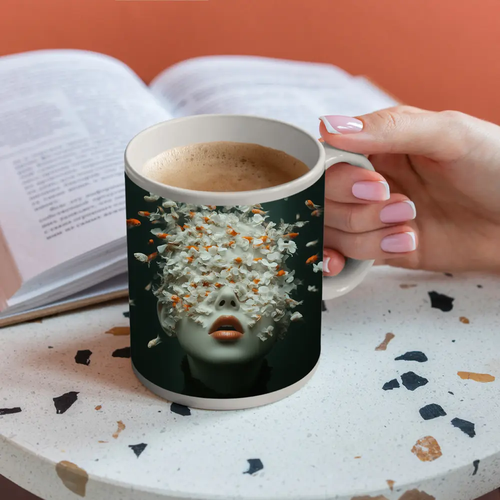 Woman Face Goldfish Flowers Surreal Dark Background – Mugs