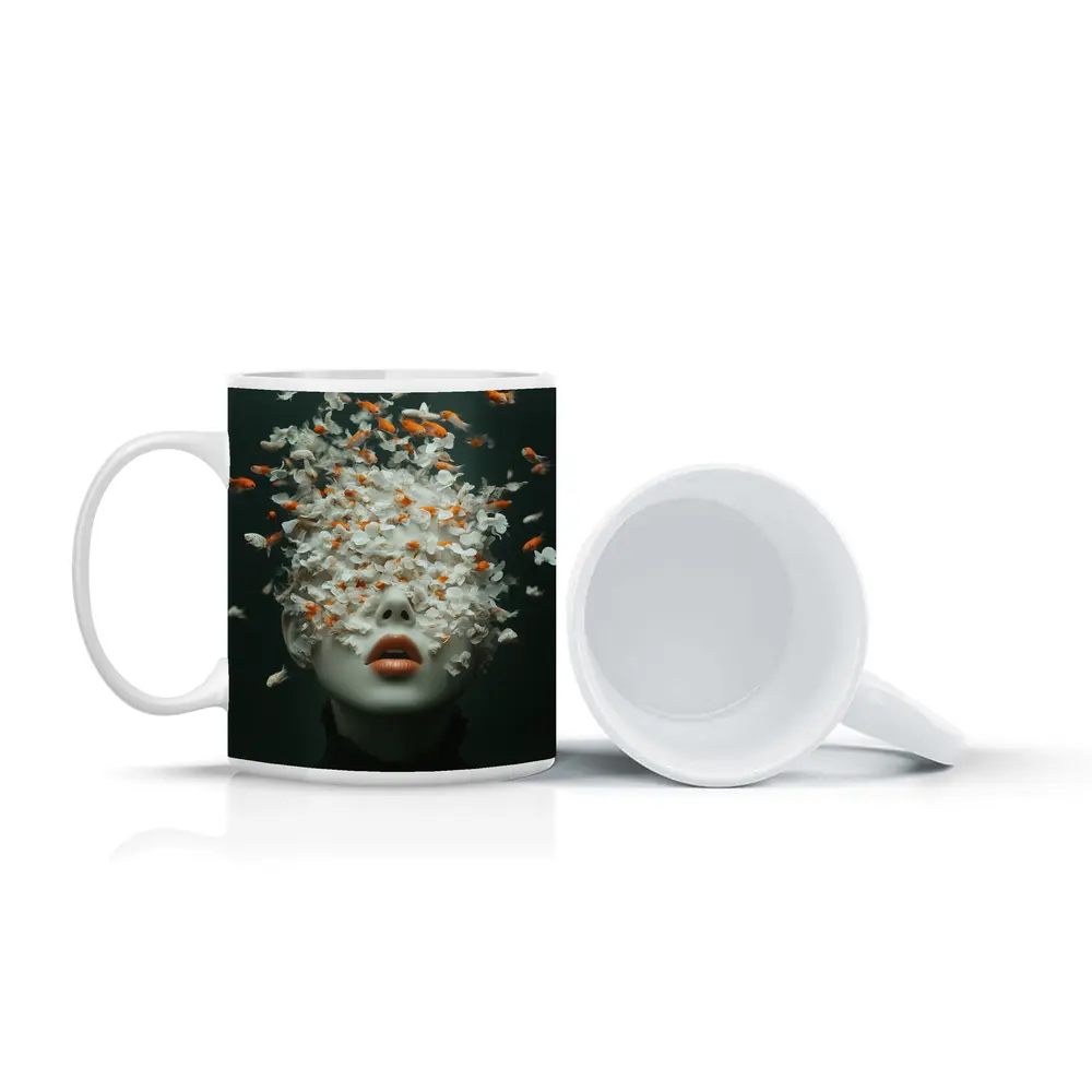 Woman Face Goldfish Flowers Surreal Dark Background – Mugs
