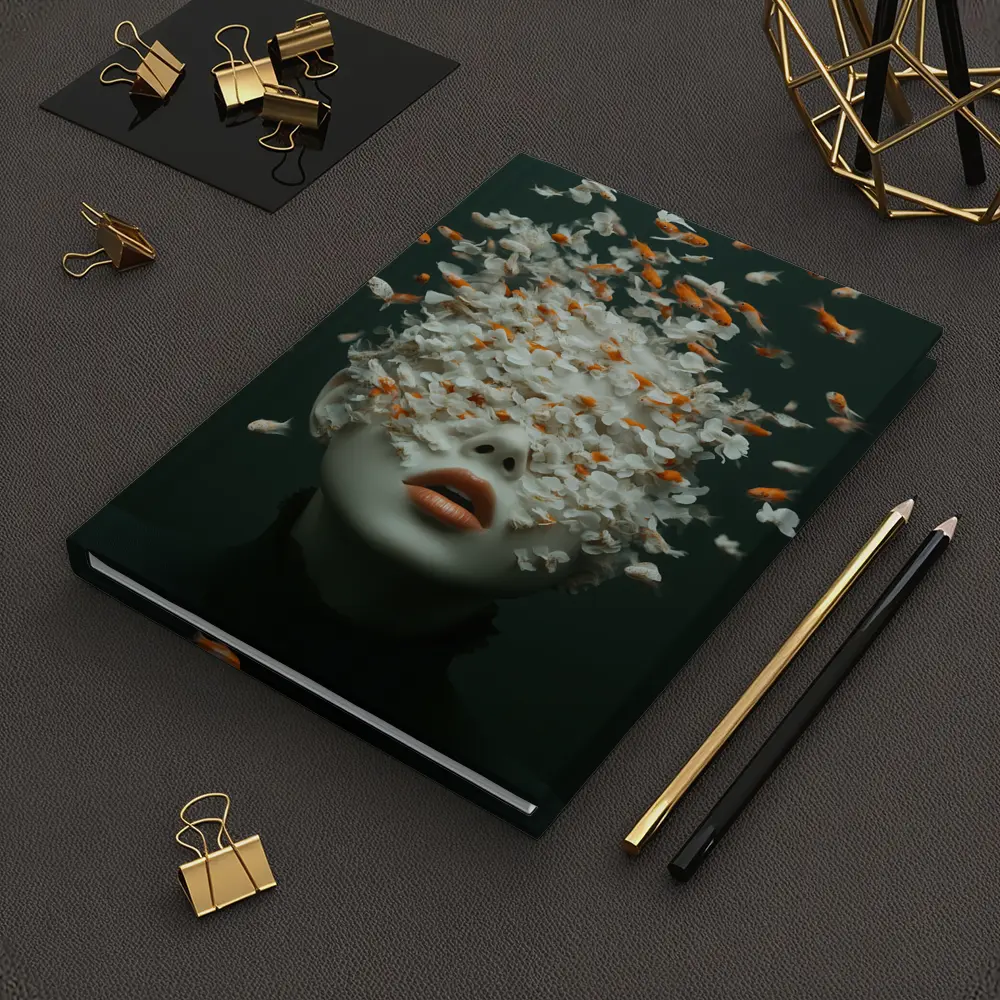 Woman Face Goldfish Flowers Surreal Dark Background – Notebooks