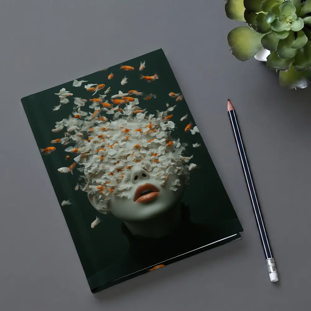 Woman Face Goldfish Flowers Surreal Dark Background – Notebooks