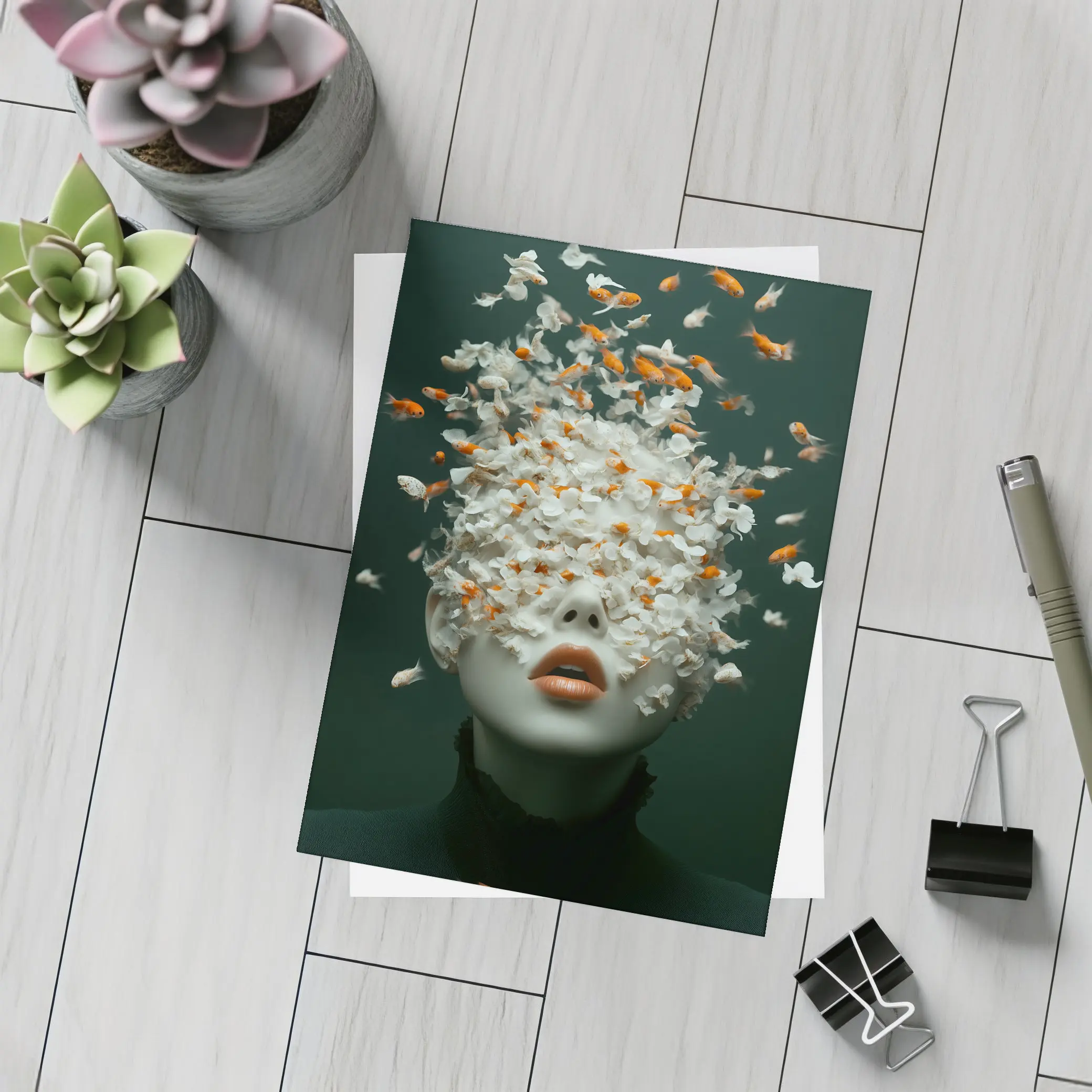 Woman Face Goldfish Flowers Surreal Dark Background – Postcards