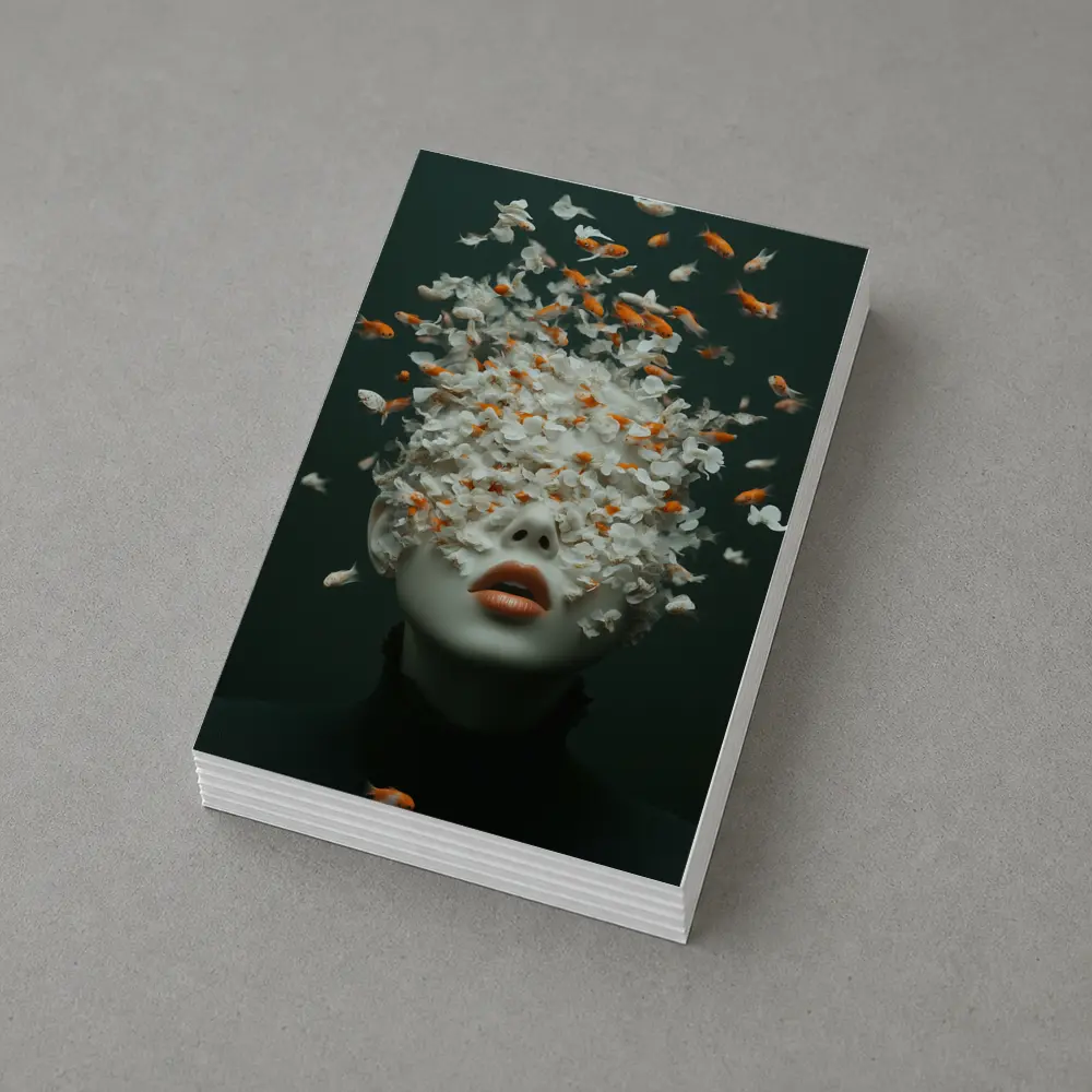 Woman Face Goldfish Flowers Surreal Dark Background – Postcards