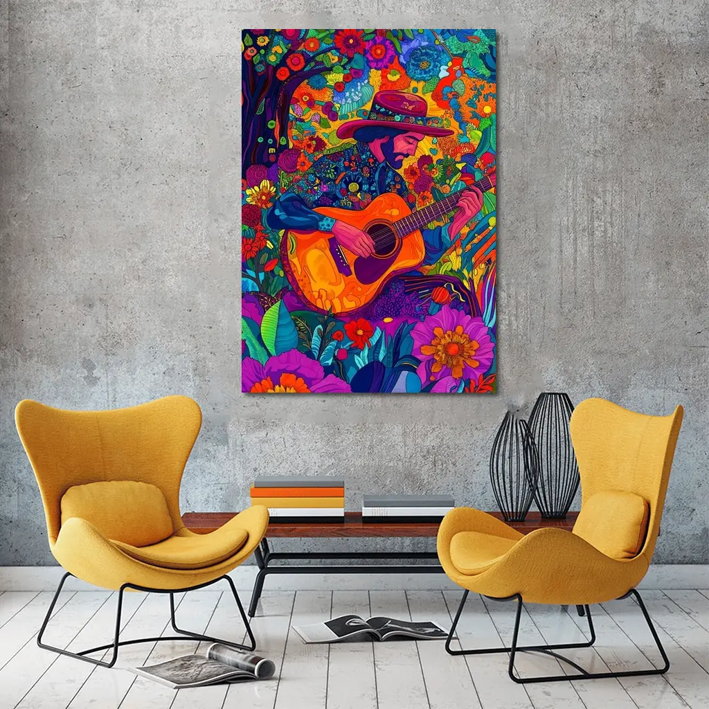 Guitarist in Hat Surrounded by Colorful Flowers – Wall Art