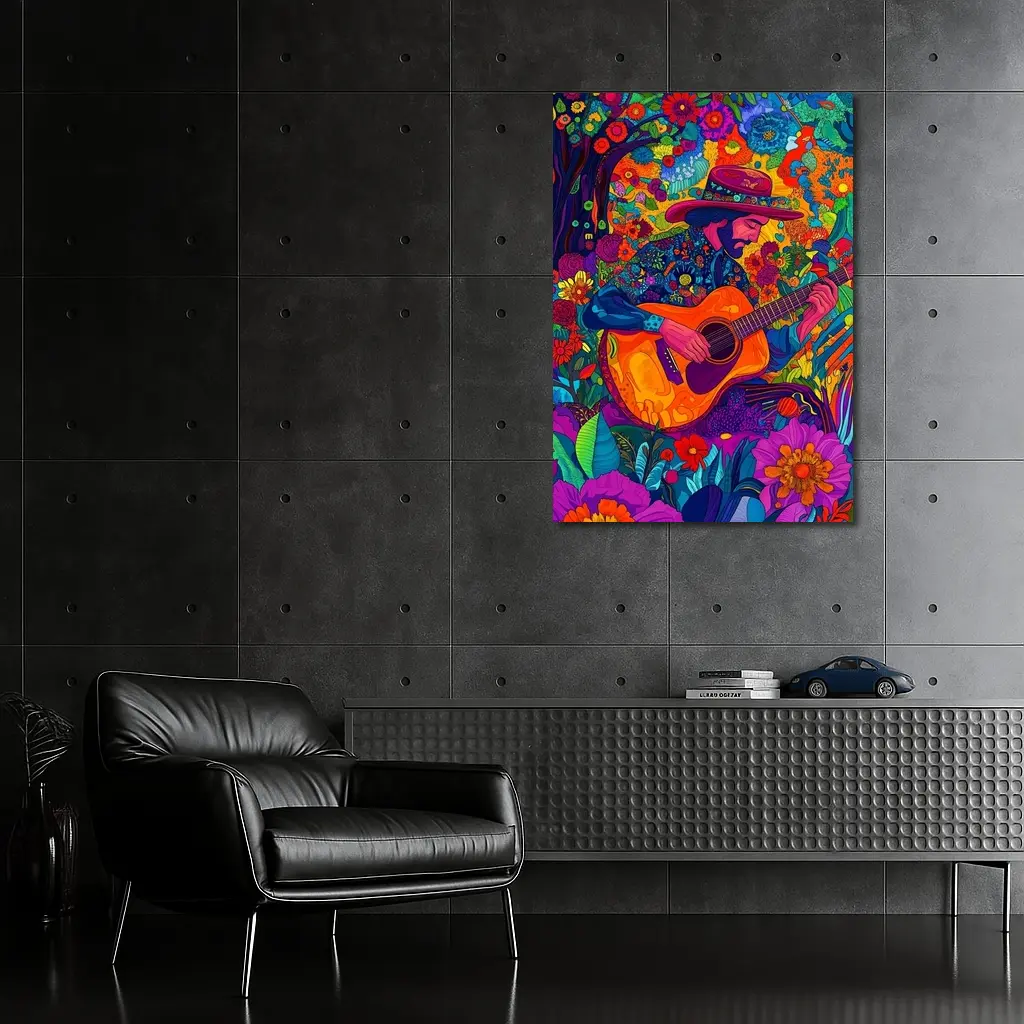 Guitarist in Hat Surrounded by Colorful Flowers – Wall Art