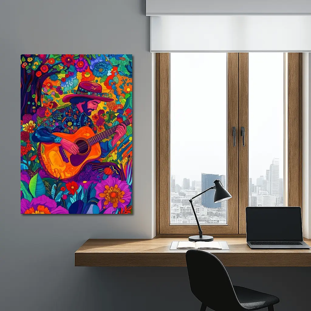 Guitarist in Hat Surrounded by Colorful Flowers – Wall Art