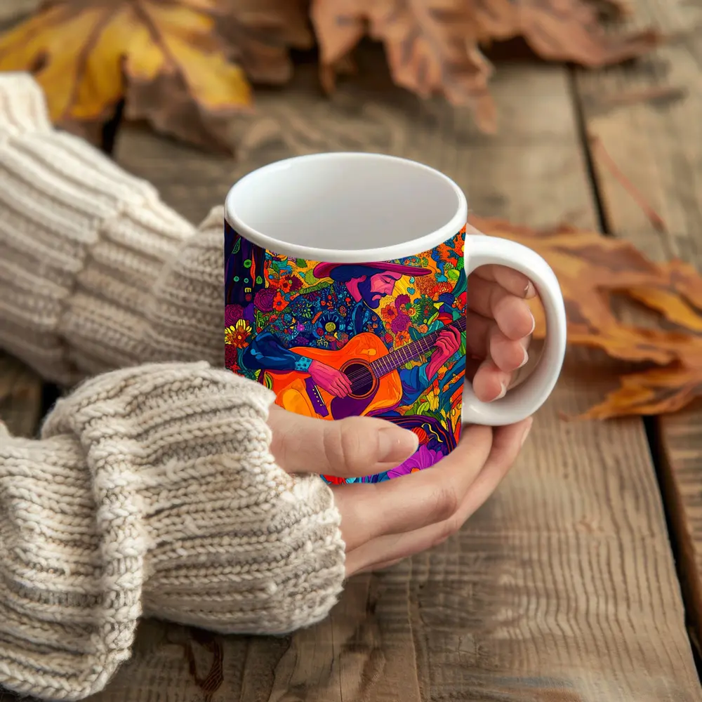 Guitarist in Hat Surrounded by Colorful Flowers – Mugs