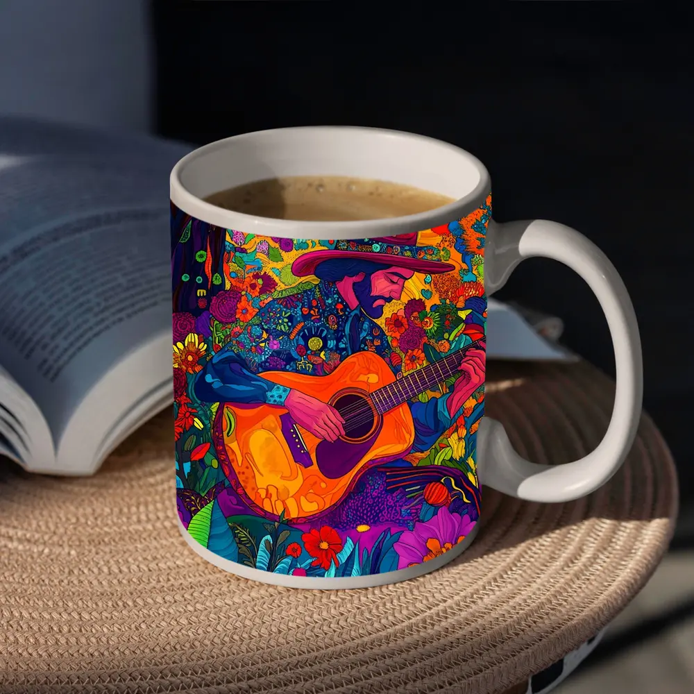Guitarist in Hat Surrounded by Colorful Flowers – Mugs