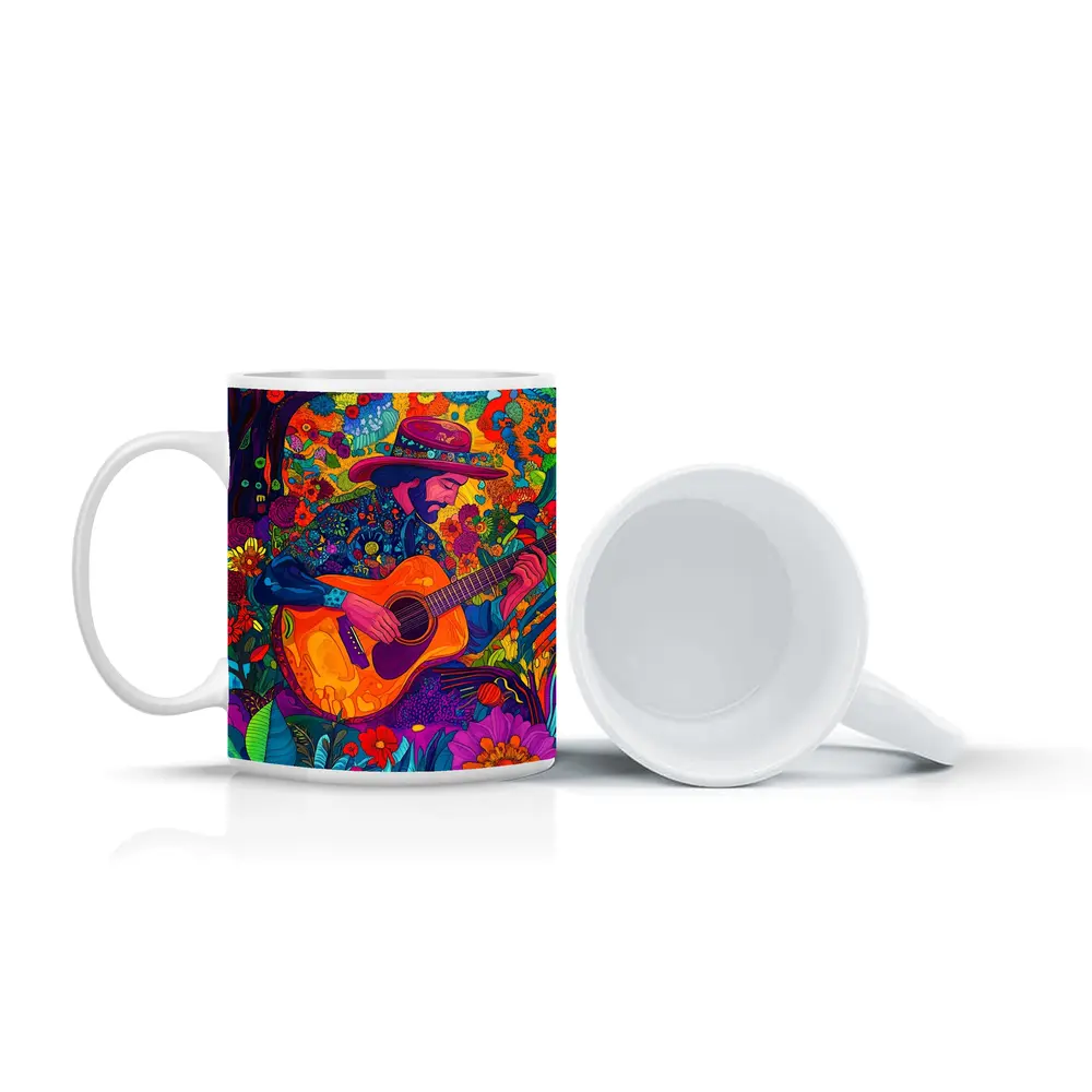 Guitarist in Hat Surrounded by Colorful Flowers – Mugs
