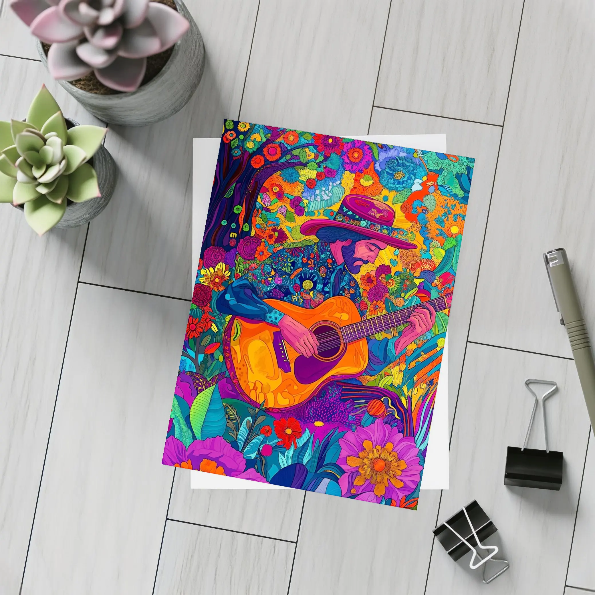 Guitarist in Hat Surrounded by Colorful Flowers – Postcards