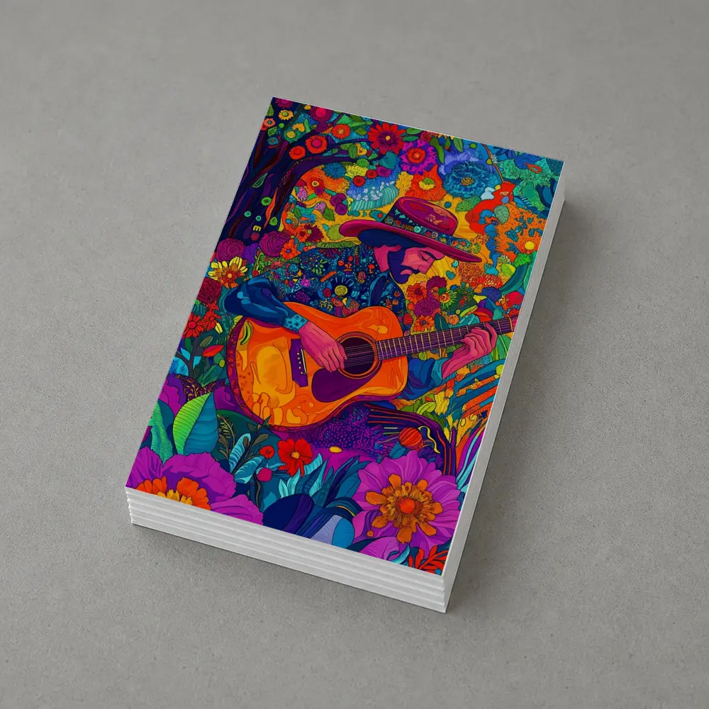 Guitarist in Hat Surrounded by Colorful Flowers – Postcards