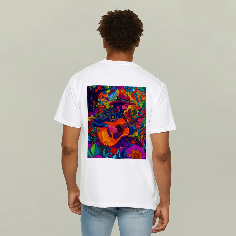 Guitarist in Hat Surrounded by Colorful Flowers – T-Shirts