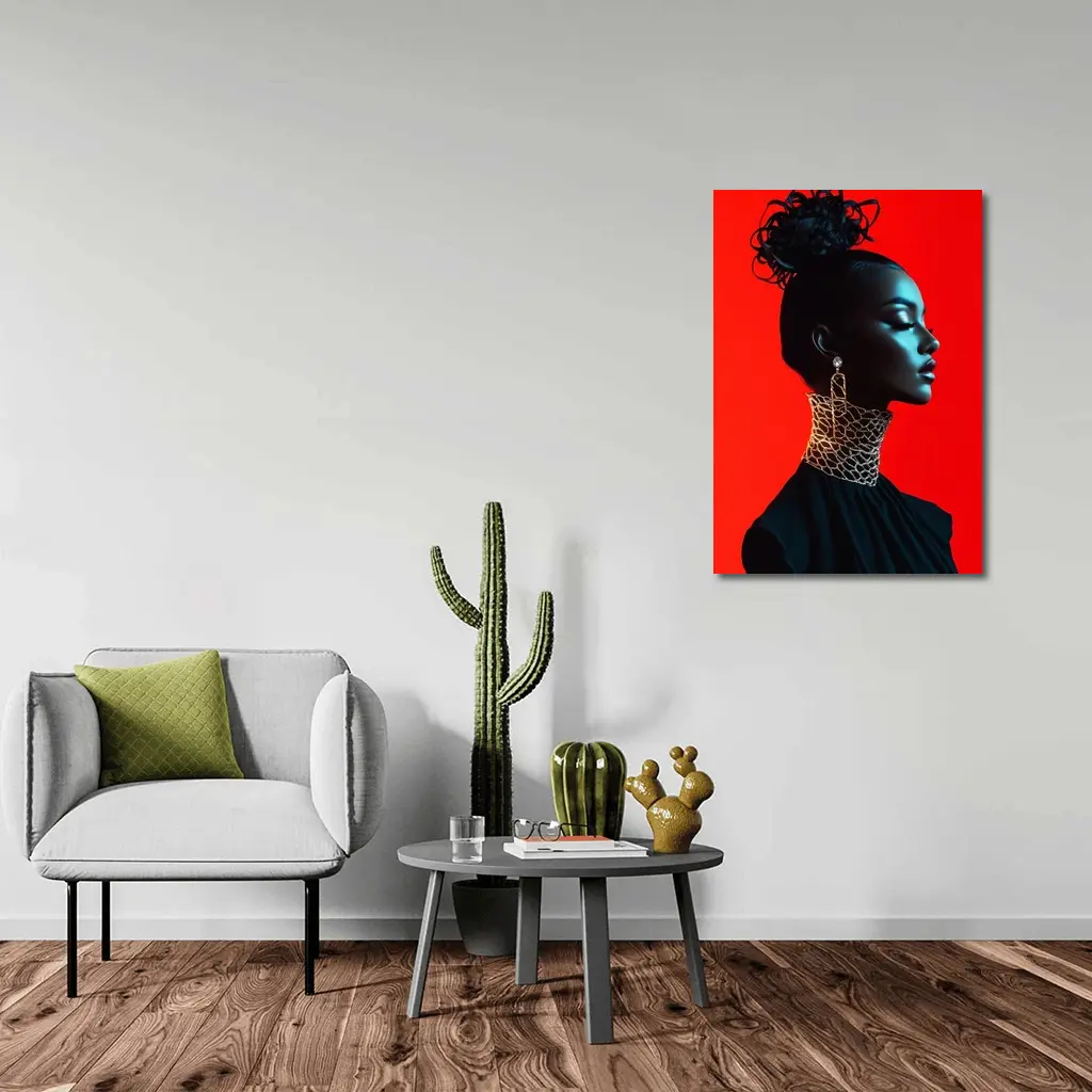 Black Fashion Portrait Woman Red Background – Wall Art