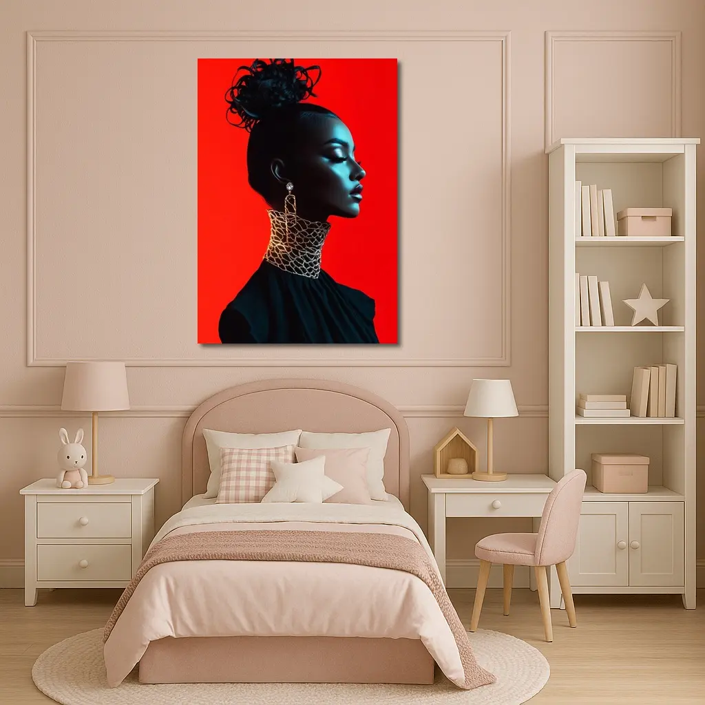Black Fashion Portrait Woman Red Background – Wall Art