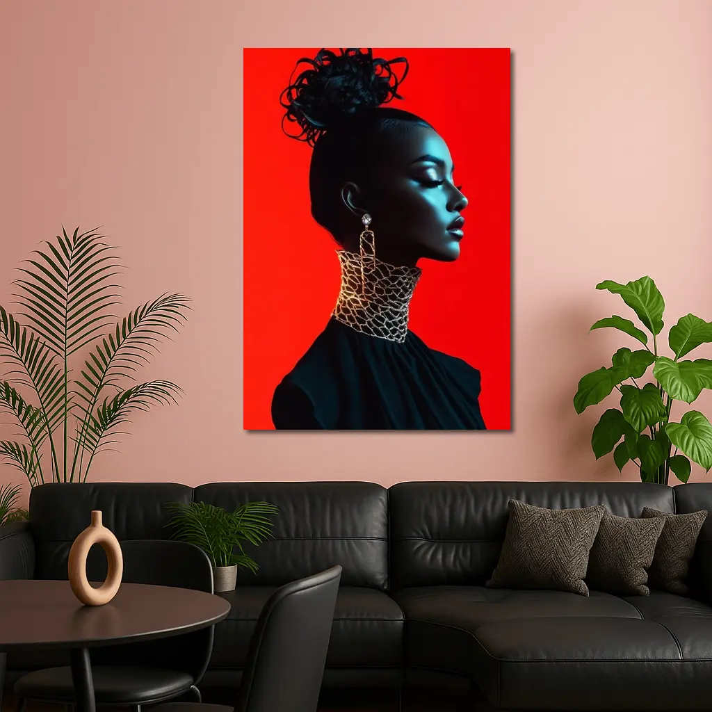 Black Fashion Portrait Woman Red Background – Wall Art