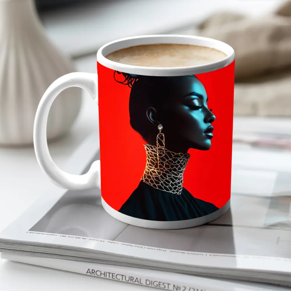 Black Fashion Portrait Woman Red Background – Mugs