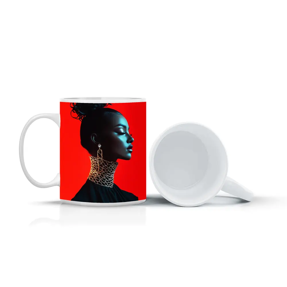 Black Fashion Portrait Woman Red Background – Mugs