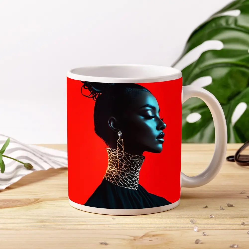 Black Fashion Portrait Woman Red Background – Mugs