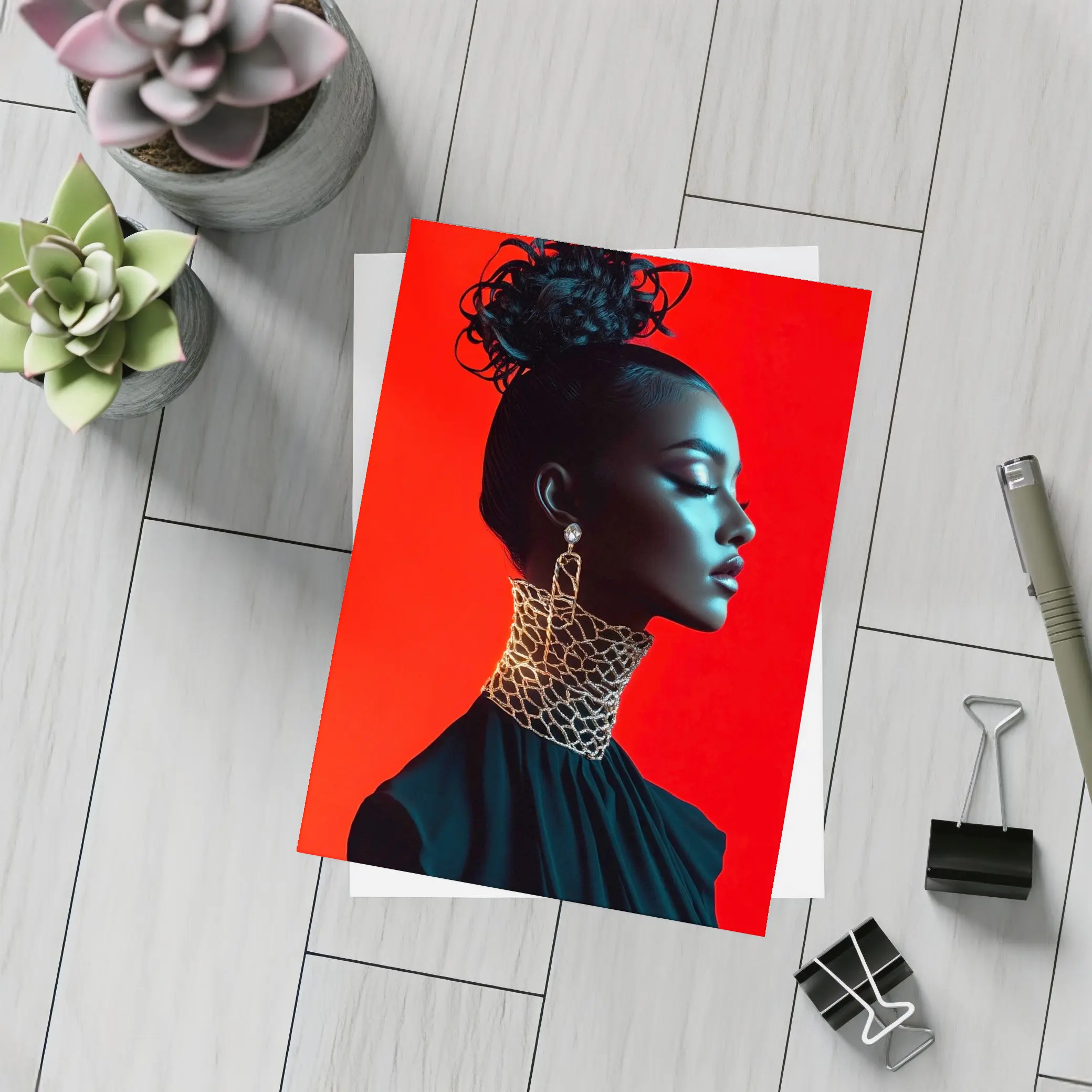 Black Fashion Portrait Woman Red Background – Postcards