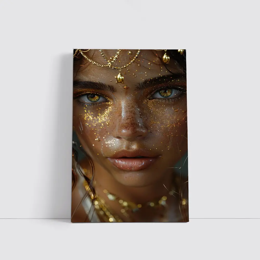 Golden Woman Portrait With Glitter Jewelry – Wall Art