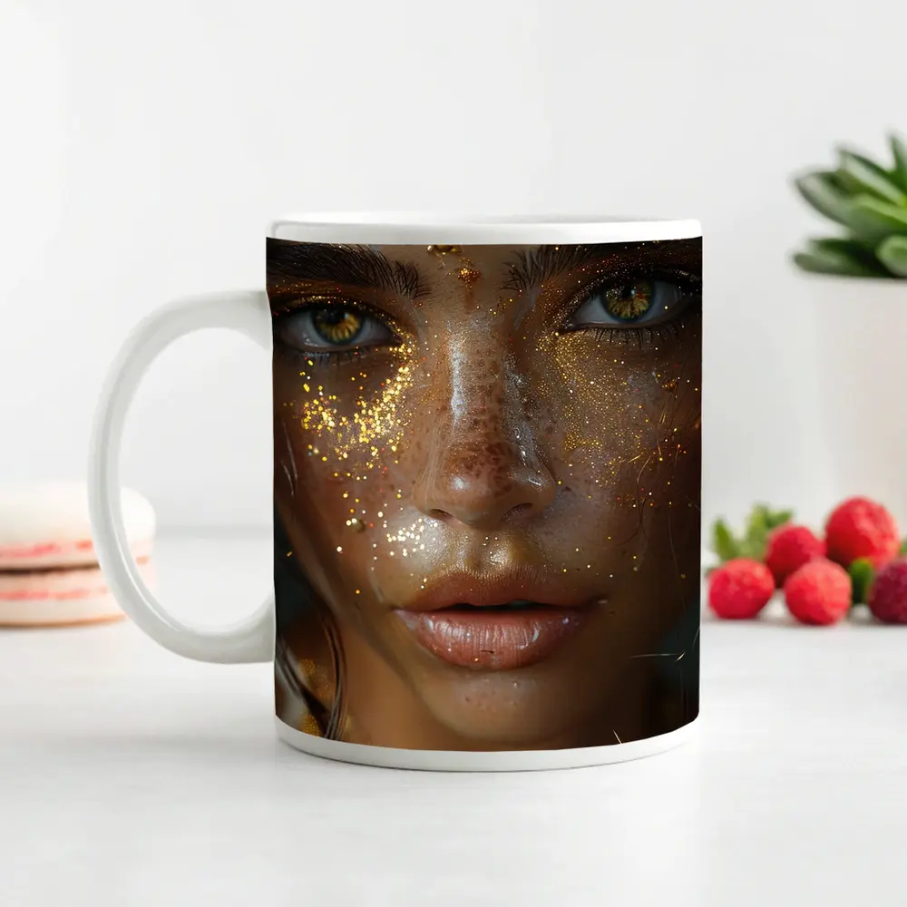 Golden Woman Portrait With Glitter Jewelry – Mugs