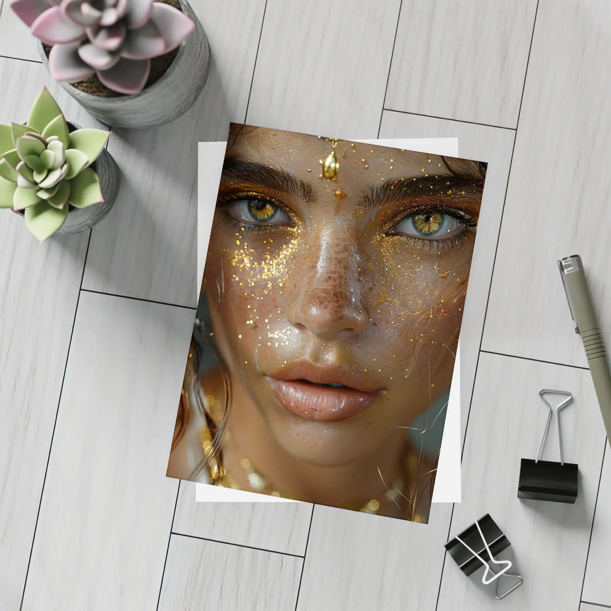 Golden Woman Portrait With Glitter Jewelry – Postcards