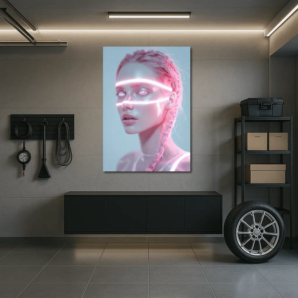 Neon Light Woman Portrait Pink Braids – Wall Art