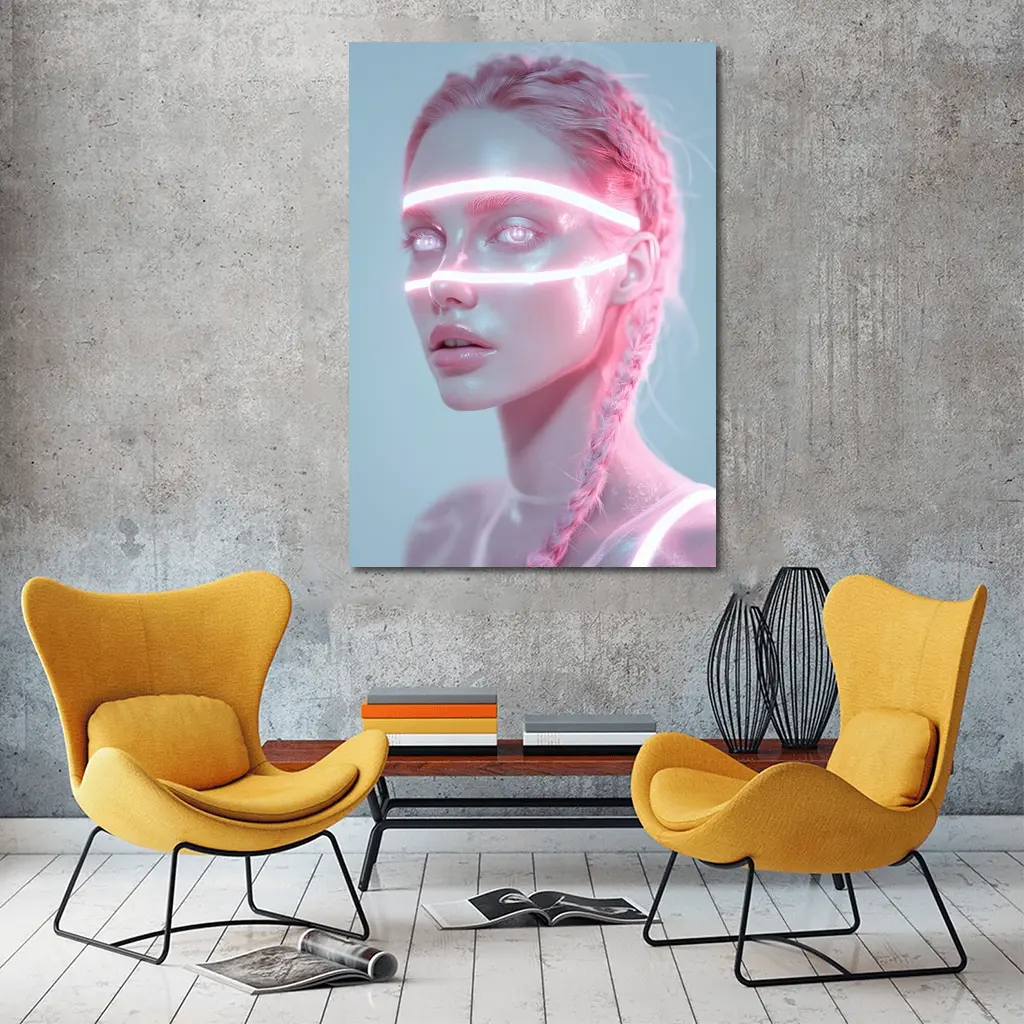 Neon Light Woman Portrait Pink Braids – Wall Art