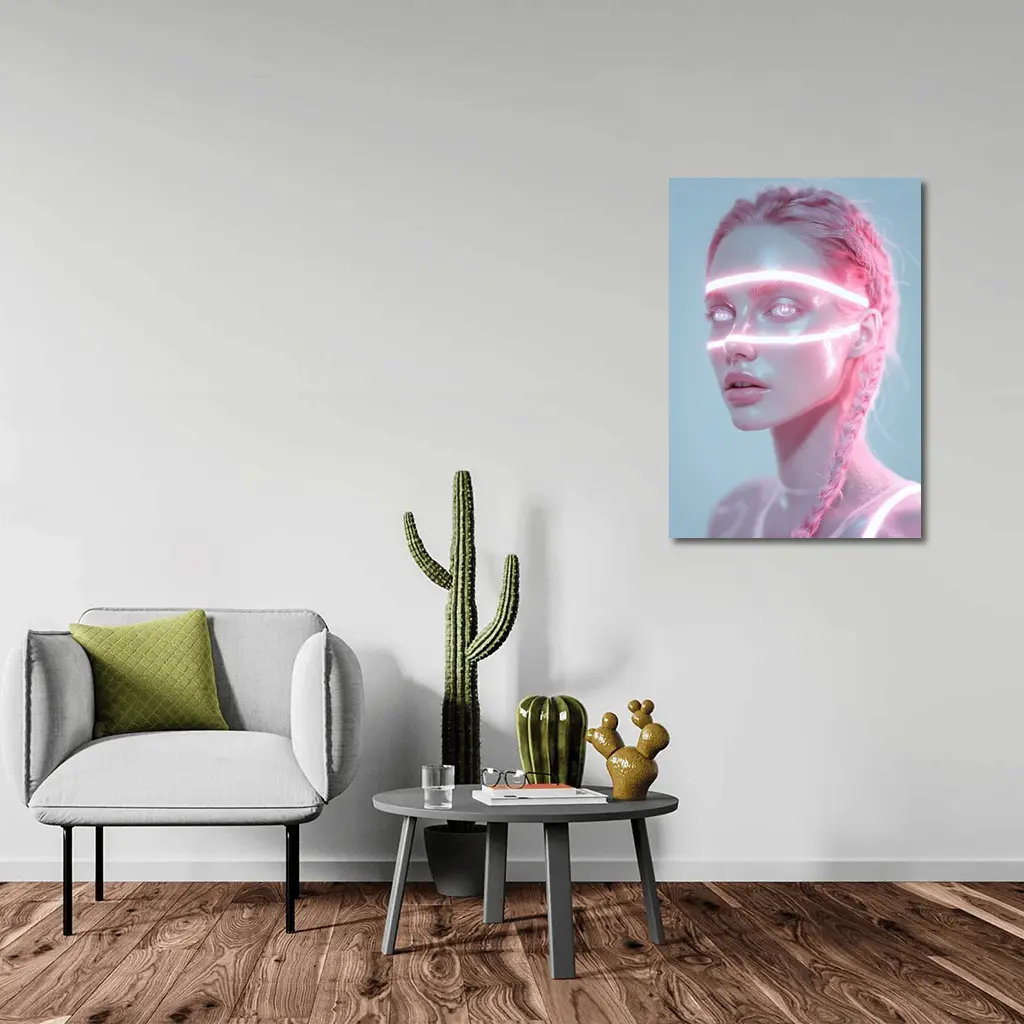 Neon Light Woman Portrait Pink Braids – Wall Art