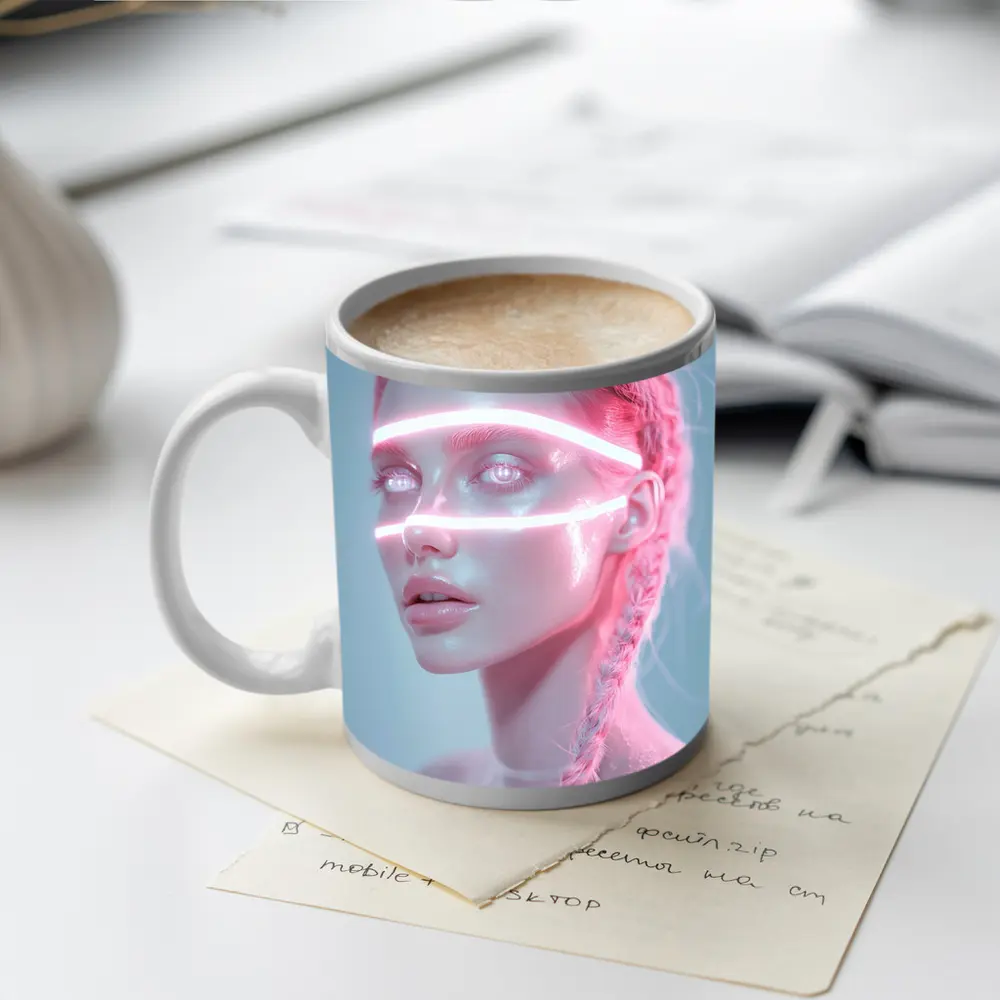 Neon Light Woman Portrait Pink Braids – Mugs
